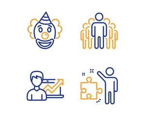 Success business, Clown and Group icons simple set. Strategy sign. Growth chart, Funny performance, Managers. Business plan. People set. Linear success business icon. Colorful design set. Vector