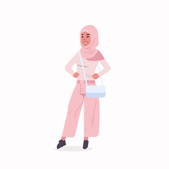 arabic woman in hijab arab girl wearing headscarf traditional clothes standing pose arabian female cartoon character with handbag full length flat