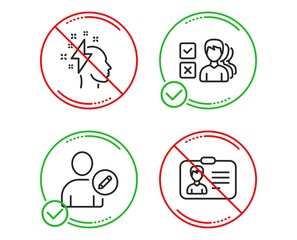 Do or Stop. Opinion, Edit user and Brainstorming icons simple set. Identification card sign. Choose answer, Profile data, Lightning bolt. Person document. People set. Line opinion do icon. Vector