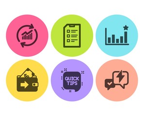 Quick tips, Wallet and Efficacy icons simple set. Update data, Checklist and Lightning bolt signs. Helpful tricks, Money payment. Education set. Flat quick tips icon. Circle button. Vector