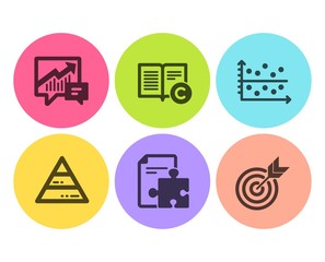 Accounting, Copyright and Pyramid chart icons simple set. Strategy, Dot plot and Target signs. Supply and demand, Copywriting book. Education set. Flat accounting icon. Circle button. Vector