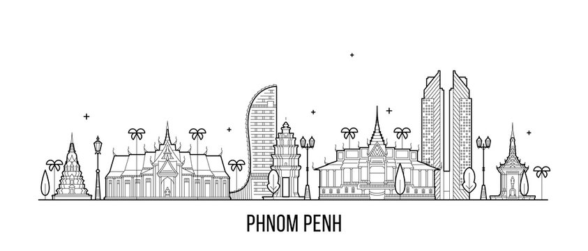 Phnom Penh skyline Cambodia city vector linear art