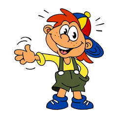 cute little boy, cowboy from farm with red hair and baseball cap, color clipart isolated on white background