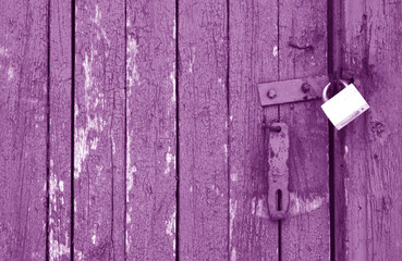 Old padlock on wooden gate in purple tone.
