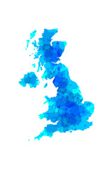 UK watercolor map vector illustration in blue color on white background using paint brush on paper