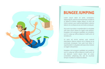 Woman wearing helmet and insurance falling from bridge, bungee jumping poster, freefall extreme sport, portrait view of smiling and flying female vector