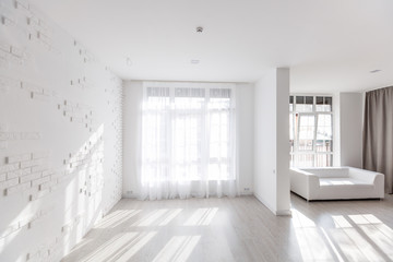 Render modern interior with sofa and a large window