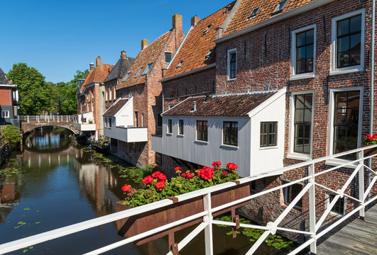 The famous 'hanging kitchens' over the Damsterdiep in the old town of Appingedam, Groningen, Holland.