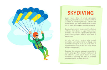 Skydiving poster, man in jumpsuit and helmet holding parachute, cloudy sky. Freedom jumping or dangerous sport, skydriver or sportman flying vector