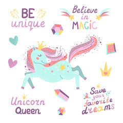 Set of fantasy unicorn, crystal, crown and lettering