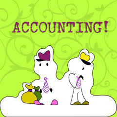 Conceptual hand writing showing Accounting. Concept meaning Account inner voice motivate yourself Figure of Two Men Standing with Pouch Bag White Snow Effect