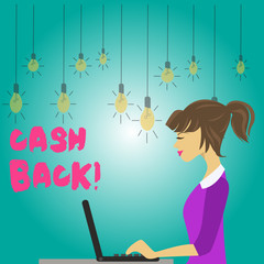 Word writing text Cash Back. Business photo showcasing incentive offered buyers whereby receive money after purchasing photo of Young Busy Woman Sitting Side View and Working on her Laptop
