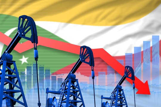 lowering, falling graph on Comoros flag background - industrial illustration of Comoros oil industry or market concept. 3D Illustration