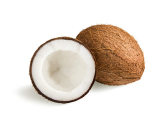 Two fresh coconuts on a white background