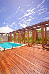 Wooden pillar and beam with a floor area  pool side