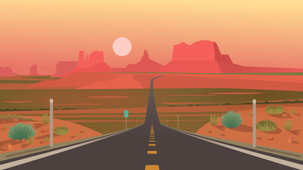 Forrest Gump Point, Monument Valley, Arizona. Highway in Monument Valley, Navajo Tribal Park. Vector illustration - obrazy, fototapety, plakaty
