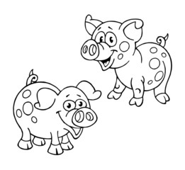 cute little pig with spots of mud, black and white line drawing