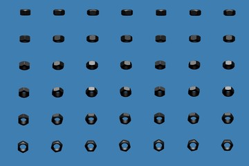 a lot of black female screws rotated by different angles isolated on blue - nice industrial 3D illustration, pic for design using