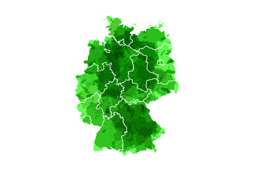 Germany watercolor map vector illustration in green color with different states on white background using paint brush on paper
