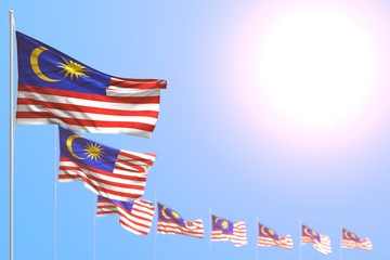 pretty many Malaysia flags placed diagonal with bokeh and empty space for your text - any holiday flag 3d illustration..