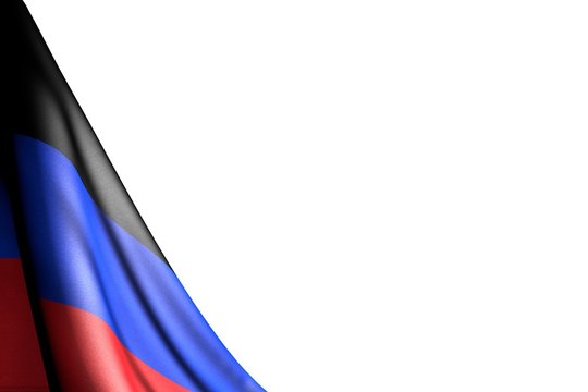 beautiful independence day flag 3d illustration. - isolated image of Donetsk Peoples Republic flag hangs in corner - mockup on white with place for your content