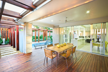 Modern house patio or dining area with sunlight