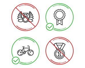 Do or Stop. Bicycle, Reward and Laureate medal icons simple set. Best rank sign. Bike, Best medal, Laurel wreath. Sports set. Line bicycle do icon. Prohibited ban stop. Good or bad. Vector