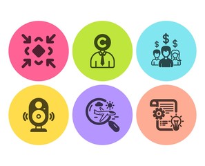 Minimize, Copyrighter and Speaker icons simple set. Salary employees, Search flight and Cogwheel signs. Small screen, Writer person. Flat minimize icon. Circle button. Vector