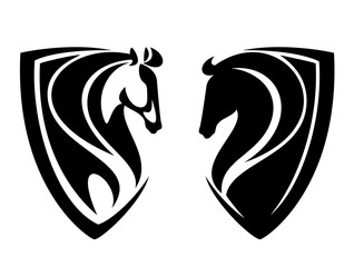 simple horse head inside heraldic shield - black and white equine emblem vector design