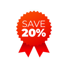 Red award medals symbol on white background, save 20 percent