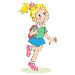 Little cute girl runs to school with a  backpack.  In cartoon style. Isolated on white background. Vector illustration.