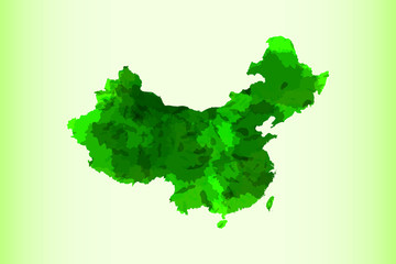 China watercolor map vector illustration in green color on light background using paint brush on paper