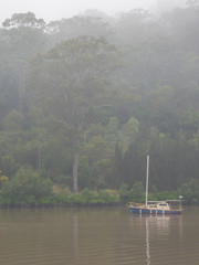 Boat in River on Misty Morning