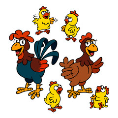 cute rooster and hen with small chickens, poultry from farm, color clipart isolated on white background