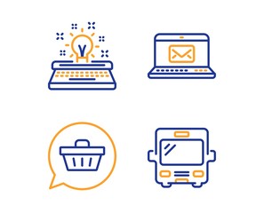 Shopping cart, Typewriter and E-mail icons simple set. Bus sign. Dreaming of gift, Inspiration, New message. Tourism transport. Technology set. Linear shopping cart icon. Colorful design set. Vector