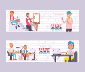 Artist courses for adults set of banners vector illustration. Class with students painters. People learning to draw. Art studio group of artists. Man and woman with equipment. Graffiti.