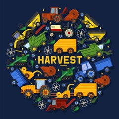 Harvesting machines banner vector illustration. Equipment for agriculture. Industrial farm vehicles, tractors transport, combines and machinery excavator. Agro-industrial complex.