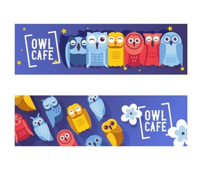 Owl cafe set of banners vector illustration. Cute cartoon wise birds with wings of different colors for greeting cards and celebration party. Owls with closed eyes. Night sky with stars.