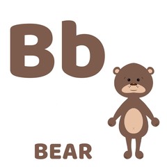 Illustration of  bear. Baby alphabet with cute animals: 26 cards.   For children’s books and development children's cards and posters 