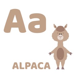 alphabet for kids. Illustration of alpaca  . Baby alphabet with cute animals: 26 cards.   For children’s books and development children's cards and posters 
