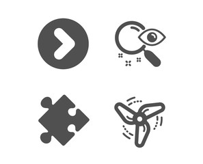 Set of Strategy, Search and Forward icons. Wind energy sign. Puzzle, Find document, Next direction. Ventilator.  Classic design strategy icon. Flat design. Vector