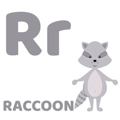 Illustration of raccoon . Baby alphabet with cute animals: 26 cards.   For children’s books and development children's cards and posters 