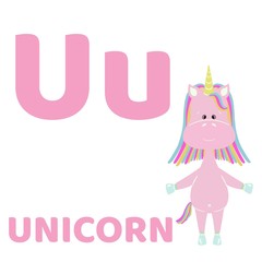 Illustration of unicorn.. Baby alphabet with cute animals: 26 cards.   For children’s books and development children's cards and posters. Unicorn.