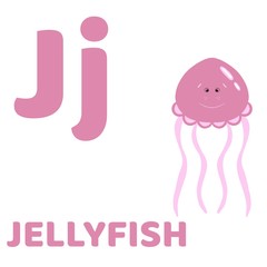 Baby alphabet with cute animals: 26 cards.   Letter Jj - jellyfish. For children’s books and development children's cards and posters.