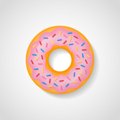 Sweet donut with pink glaze isolated on white background. Vector illustration.