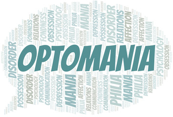 Optomania word cloud. Type of mania, made with text only.