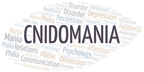 Cnidomania word cloud. Type of mania, made with text only.
