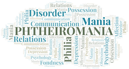 Phtheiromania word cloud. Type of mania, made with text only.