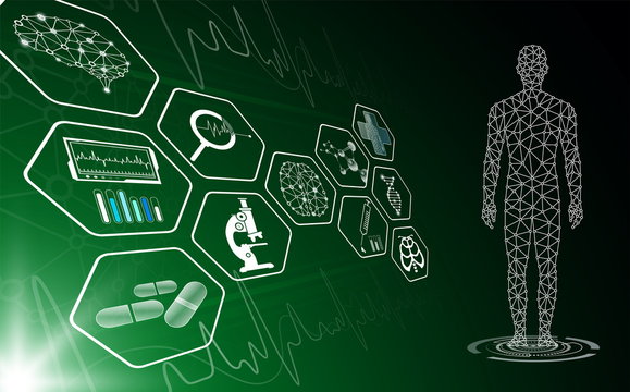 abstract background technology concept in green light,human body heal,technology modern medical science in future and global international medical with tests analysis clone DNA human