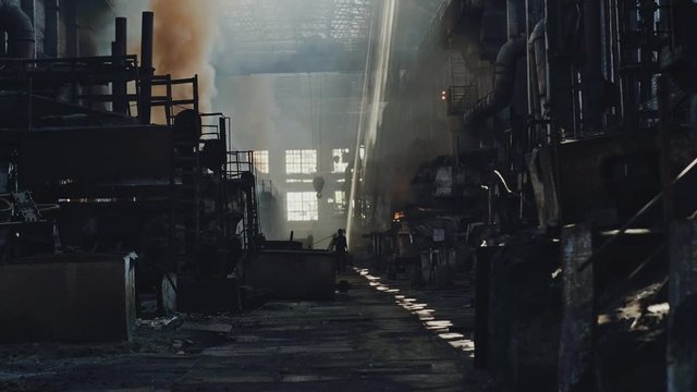 Old foundry. Molten metal pouring, metallurgy, steel casting foundry